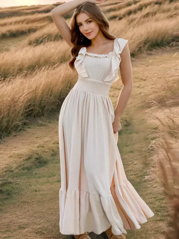 Robe longue bohème à taille smockée pour femme - Robe fluide à volants manches papillon et col carré - Robe d'été pour la plage 2026