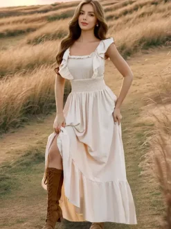 Robe longue bohème à taille smockée pour femme - Robe fluide à volants manches papillon et col carré - Robe d'été pour la plage 2026