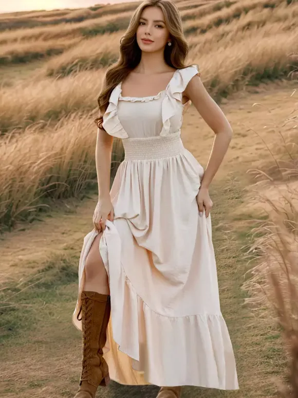 Robe longue bohème à taille smockée pour femme - Robe fluide à volants manches papillon et col carré - Robe d'été pour la plage 2026