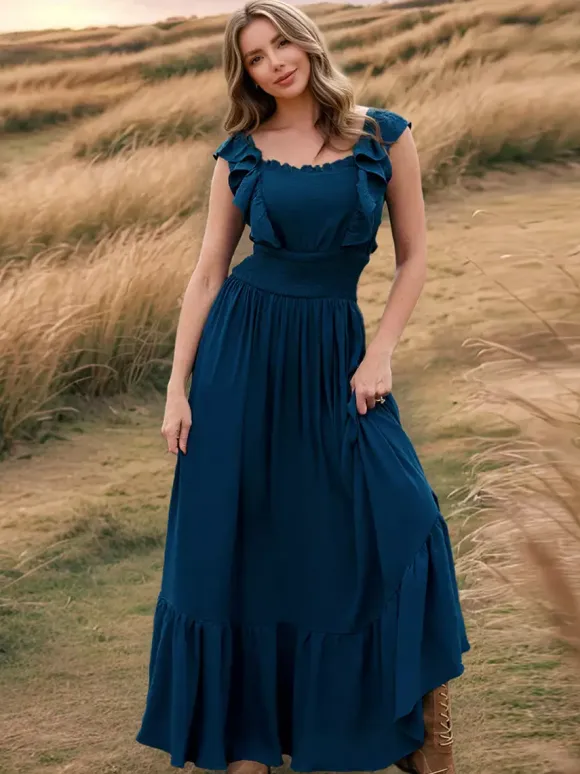 Robe longue bohème à taille smockée pour femme - Robe fluide à volants manches papillon et col carré - Robe d'été pour la plage 2026