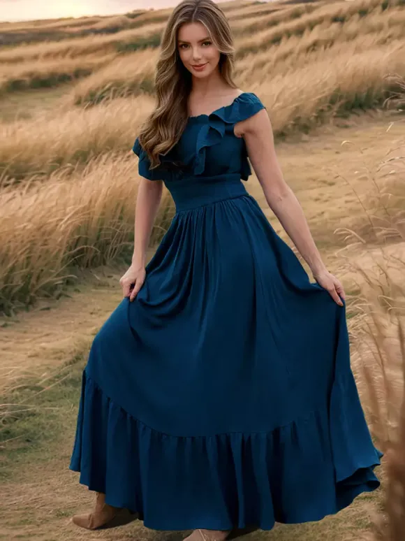 Robe longue bohème à taille smockée pour femme - Robe fluide à volants manches papillon et col carré - Robe d'été pour la plage 2026