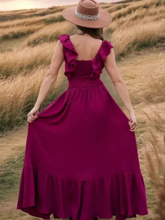 Robe longue bohème à taille smockée pour femme - Robe fluide à volants manches papillon et col carré - Robe d'été pour la plage 2026
