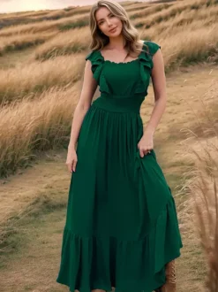 Robe longue bohème à taille smockée pour femme - Robe fluide à volants manches papillon et col carré - Robe d'été pour la plage 2026