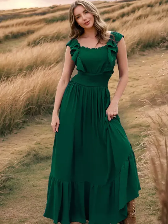 Robe longue bohème à taille smockée pour femme - Robe fluide à volants manches papillon et col carré - Robe d'été pour la plage 2026