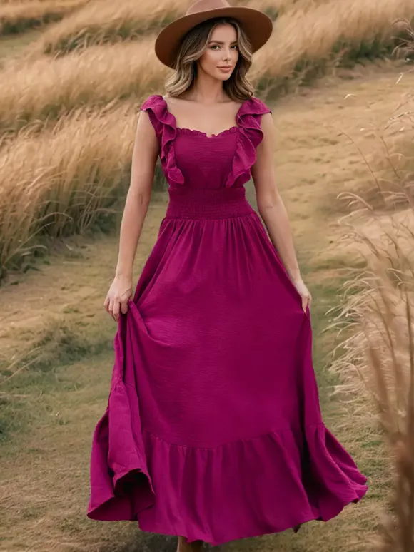 Robe longue bohème à taille smockée pour femme - Robe fluide à volants manches papillon et col carré - Robe d'été pour la plage 2026