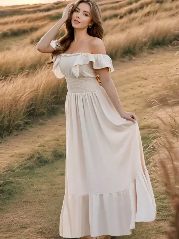 Robe longue bohème à taille smockée pour femme - Robe fluide à volants manches papillon et col carré - Robe d'été pour la plage 2026