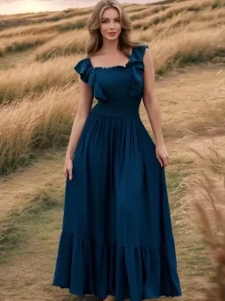 Robe longue bohème à taille smockée pour femme - Robe fluide à volants manches papillon et col carré - Robe d'été pour la plage 2026