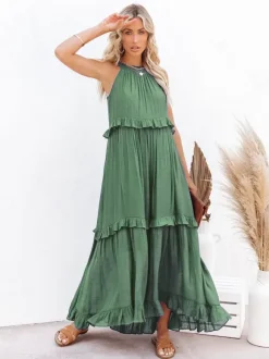 Robe longue bohème dos nu à volants pour femme - Robe d'été fluide à volants - Vacances d'été à la plage 2026