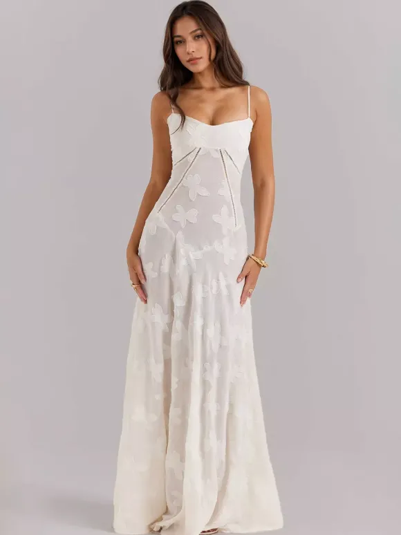 Robe longue bohème en jacquard transparent pour femme - Blanc crème dos lacé coupe ajustée style trapèze fluide à bretelles fines - Idéale pour une soirée d'été à la plage (collection 2026)
