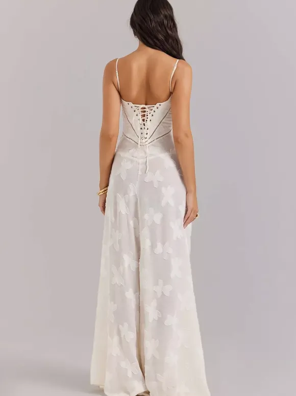 Robe longue bohème en jacquard transparent pour femme - Blanc crème dos lacé coupe ajustée style trapèze fluide à bretelles fines - Idéale pour une soirée d'été à la plage (collection 2026)