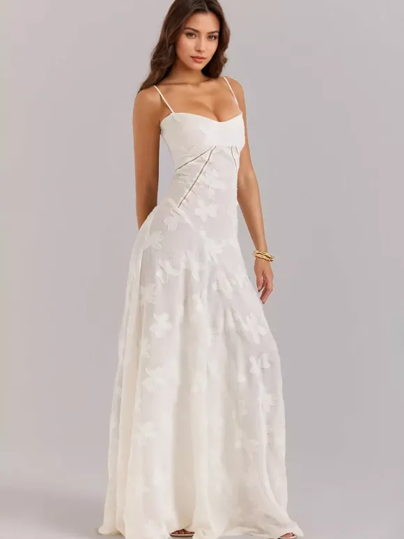 Robe longue bohème en jacquard transparent pour femme - Blanc crème dos lacé coupe ajustée style trapèze fluide à bretelles fines - Idéale pour une soirée d'été à la plage (collection 2026)