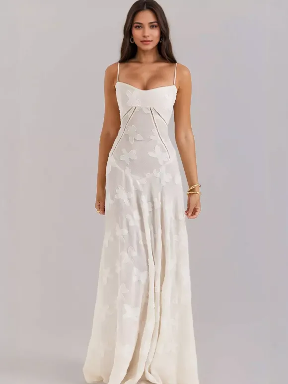 Robe longue bohème en jacquard transparent pour femme - Blanc crème dos lacé coupe ajustée style trapèze fluide à bretelles fines - Idéale pour une soirée d'été à la plage (collection 2026)