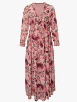 Robe longue bohème fleurie pour femme - Taille haute manches longues col en V à volants - Idéale pour un mariage printanier au jardin (2026)