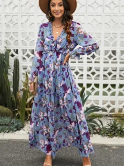 Robe longue bohème fleurie pour femme - Taille haute manches longues col en V à volants - Idéale pour un mariage printanier au jardin (2026)