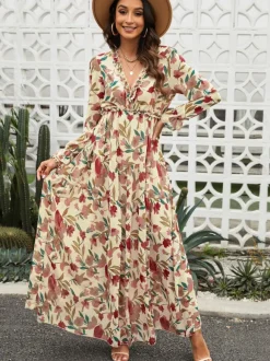Robe longue bohème fleurie pour femme - Taille haute manches longues col en V à volants - Idéale pour un mariage printanier au jardin (2026)