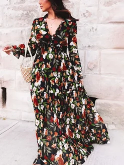 Robe longue bohème fleurie pour femme - Taille haute manches longues col en V à volants - Idéale pour un mariage printanier au jardin (2026)