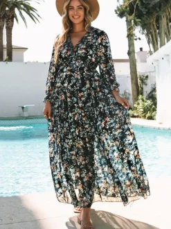 Robe longue bohème fleurie pour femme - Taille haute manches longues col en V à volants - Idéale pour un mariage printanier au jardin (2026)