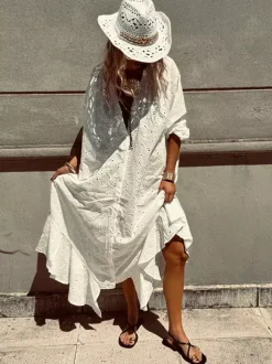 Robe longue brodée à 艙illets pour femme - Kaftan bohème blanc à col en V et ourlet à volants oversize - Vacances d'été à la plage 2026