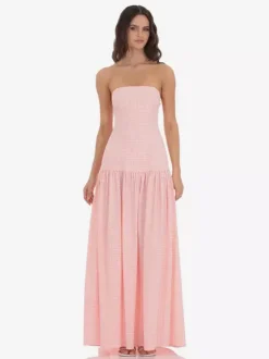 Robe longue bustier à carreaux vichy pour femme - Robe d'été longue bandeau à taille basse - Pique-nique d'été 2026