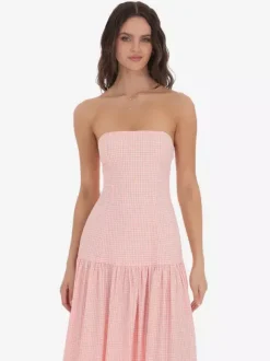 Robe longue bustier à carreaux vichy pour femme - Robe d'été longue bandeau à taille basse - Pique-nique d'été 2026
