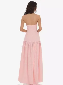 Robe longue bustier à carreaux vichy pour femme - Robe d'été longue bandeau à taille basse - Pique-nique d'été 2026