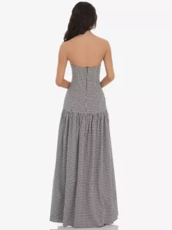 Robe longue bustier à carreaux vichy pour femme - Robe d'été longue bandeau à taille basse - Pique-nique d'été 2026