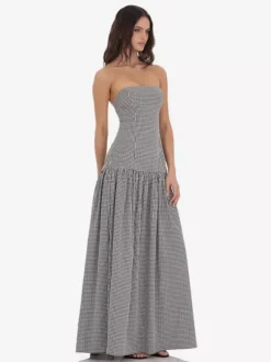 Robe longue bustier à carreaux vichy pour femme - Robe d'été longue bandeau à taille basse - Pique-nique d'été 2026