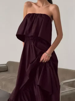 Robe longue bustier 100% coton pour femme tons naturels - Robe d'été sexy à volants et haut tube - Robe longue bohème pour les vacances à la plage 2026