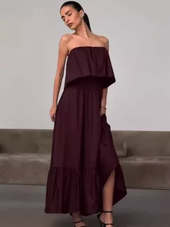 Robe longue bustier 100% coton pour femme tons naturels - Robe d'été sexy à volants et haut tube - Robe longue bohème pour les vacances à la plage 2026