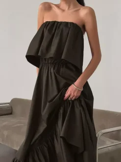 Robe longue bustier 100% coton pour femme tons naturels - Robe d'été sexy à volants et haut tube - Robe longue bohème pour les vacances à la plage 2026