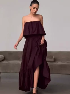 Robe longue bustier 100% coton pour femme tons naturels - Robe d'été sexy à volants et haut tube - Robe longue bohème pour les vacances à la plage 2026