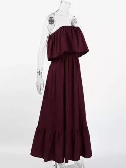 Robe longue bustier 100% coton pour femme tons naturels - Robe d'été sexy à volants et haut tube - Robe longue bohème pour les vacances à la plage 2026
