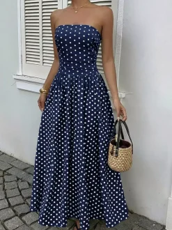 Robe longue bustier bleu marine à pois blancs pour femme taille haute coupe trapèze fluide idéale pour l'été