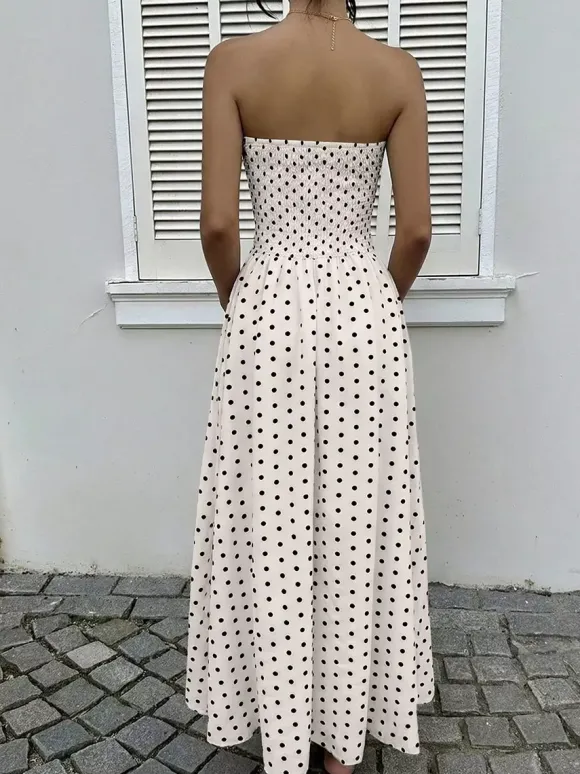Robe longue bustier bleu marine à pois blancs pour femme taille haute coupe trapèze fluide idéale pour l'été