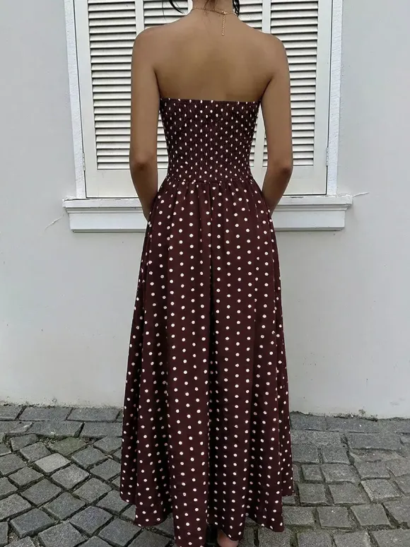Robe longue bustier bleu marine à pois blancs pour femme taille haute coupe trapèze fluide idéale pour l'été