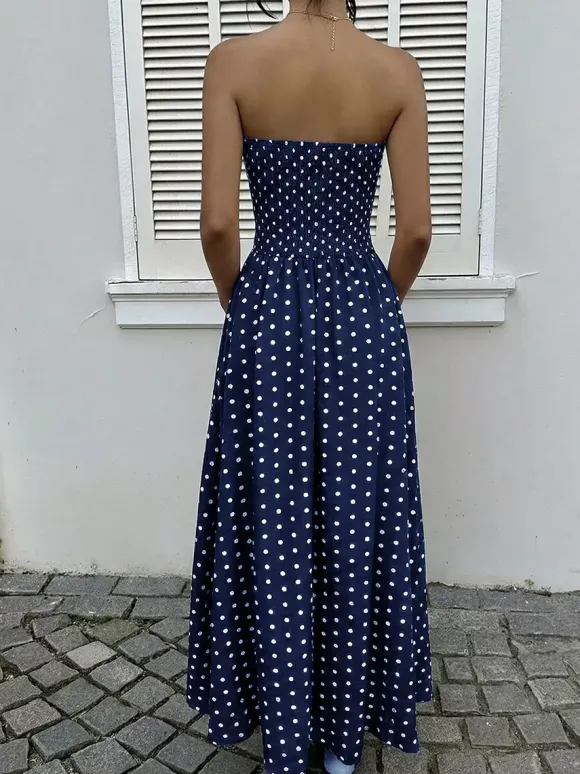 Robe longue bustier bleu marine à pois blancs pour femme taille haute coupe trapèze fluide idéale pour l'été