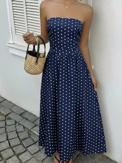 Robe longue bustier bleu marine à pois blancs pour femme taille haute coupe trapèze fluide idéale pour l'été