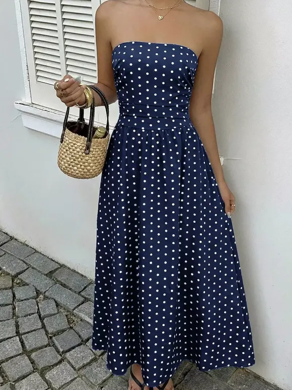 Robe longue bustier bleu marine à pois blancs pour femme taille haute coupe trapèze fluide idéale pour l'été