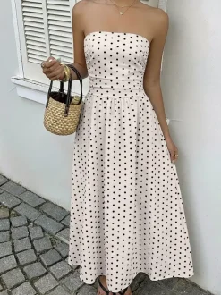 Robe longue bustier bleu marine à pois blancs pour femme taille haute coupe trapèze fluide idéale pour l'été