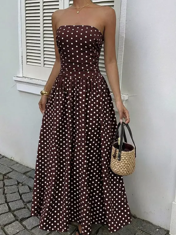 Robe longue bustier bleu marine à pois blancs pour femme taille haute coupe trapèze fluide idéale pour l'été