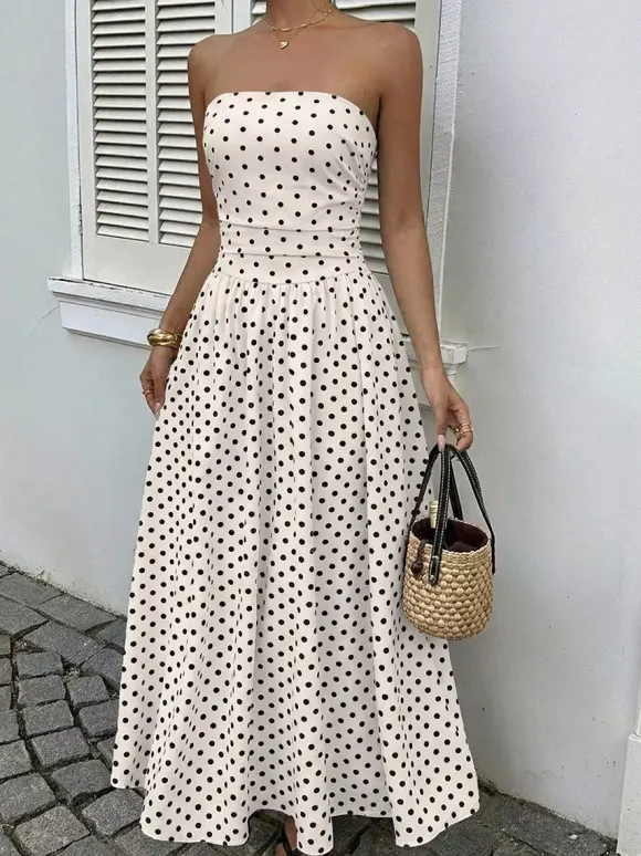 Robe longue bustier bleu marine à pois blancs pour femme taille haute coupe trapèze fluide idéale pour l'été