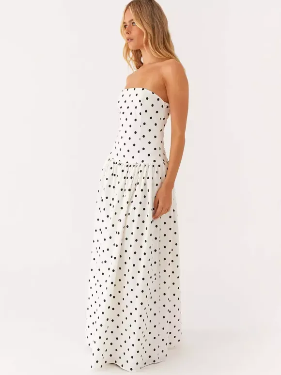 Robe longue bustier imprimée pour femme - Robe d'été bohème bandeau plissée à taille basse - Garden Party d'été 2026