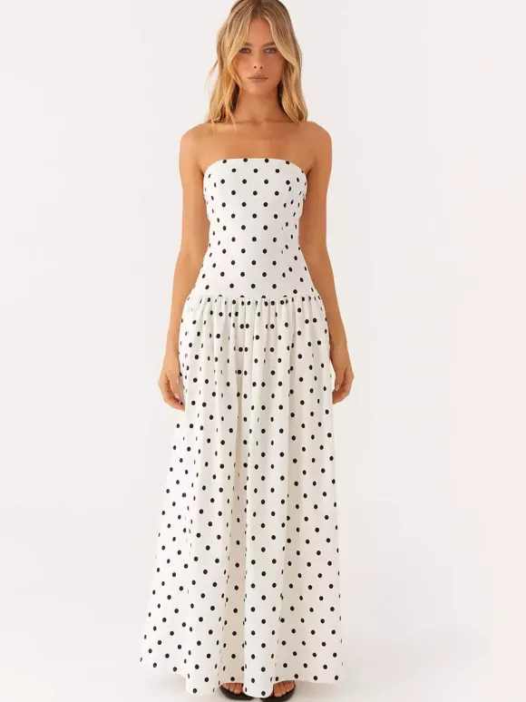 Robe longue bustier imprimée pour femme - Robe d'été bohème bandeau plissée à taille basse - Garden Party d'été 2026