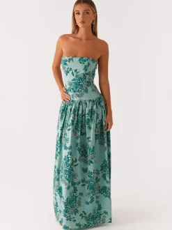 Robe longue bustier imprimée pour femme - Robe d'été bohème bandeau plissée à taille basse - Garden Party d'été 2026