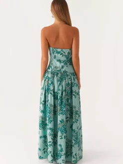 Robe longue bustier imprimée pour femme - Robe d'été bohème bandeau plissée à taille basse - Garden Party d'été 2026