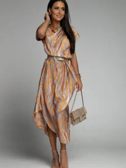 Robe longue col bateau manches courtes polyester rayures robe longueur au sol