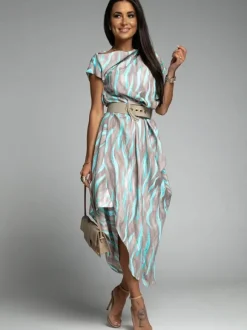 Robe longue col bateau manches courtes polyester rayures robe longueur au sol
