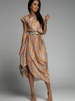 Robe longue col bateau manches courtes polyester rayures robe longueur au sol