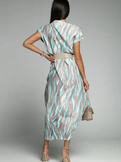 Robe longue col bateau manches courtes polyester rayures robe longueur au sol