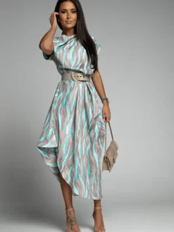 Robe longue col bateau manches courtes polyester rayures robe longueur au sol